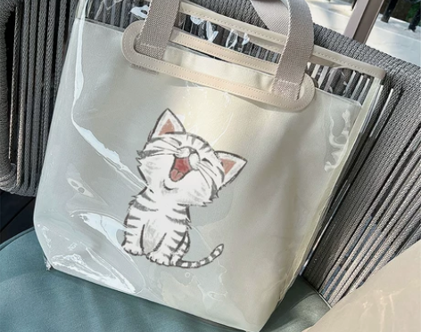 ins可爱猫咪透明帆布包包果冻单肩手提袋子...