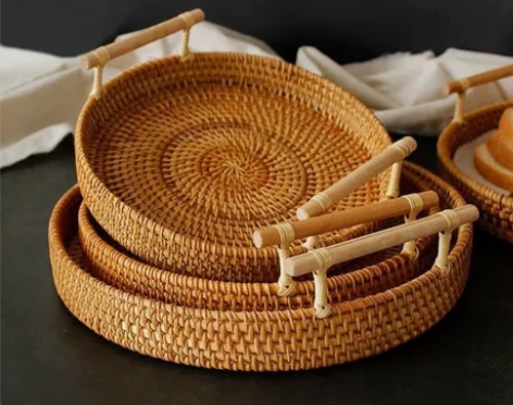 全新 日式手工编织越南藤编收纳篮双耳榉木把...