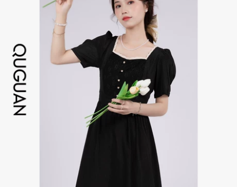 「QG」方领黑色赫本风连衣裙女2022夏季...