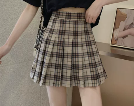 百褶裙女格子显瘦松紧高腰半身裙春夏大码百搭...