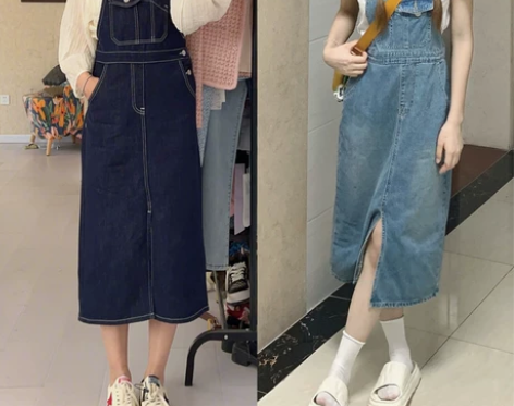 复古开叉牛仔背带裙2023年春夏新款收腰显...