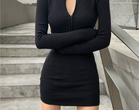 黑色辣妹针织连衣裙女秋冬内搭性感包臀短裙紧...
