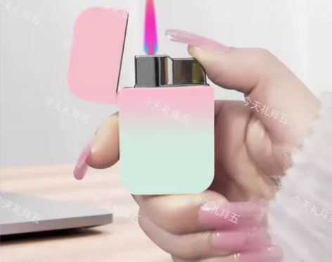 高颜值粉色火焰防风充气打火机金属渐变男生女...