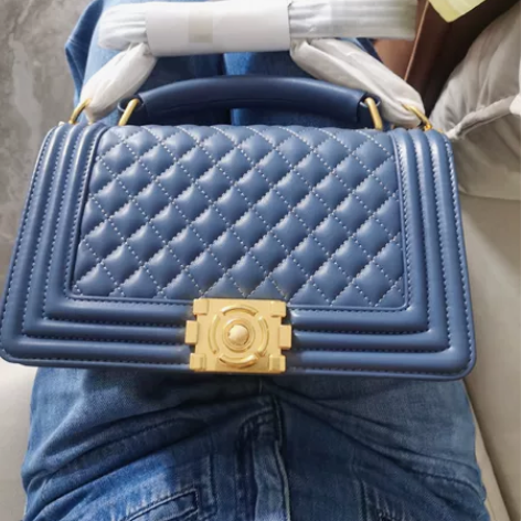 全新菱格链条单肩手提包 小羊皮真皮款蓝色 ...