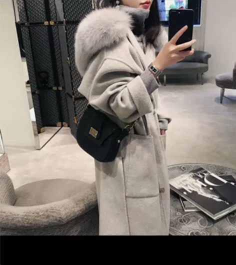 秋冬连帽宽松中长款大毛领大衣 。灰色s码。...