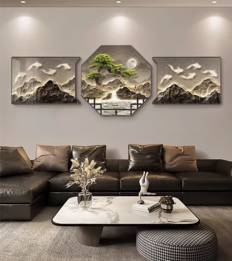 新中式客厅装饰画九鱼图高档大气三联壁画背有...