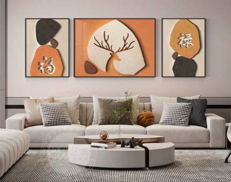 现代客厅装饰品 麋鹿福禄装饰画轻奢大气三联...