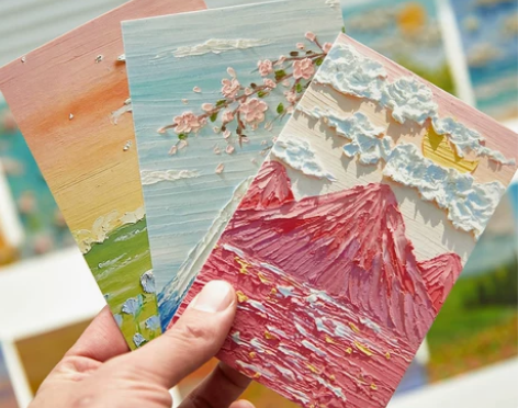 油画棒明信片 风景平面图案有立体感 ins...