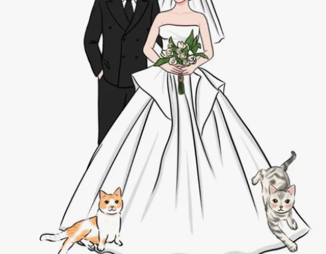 手绘婚礼头像插画请柬设计卡通漫画手绘结婚照...