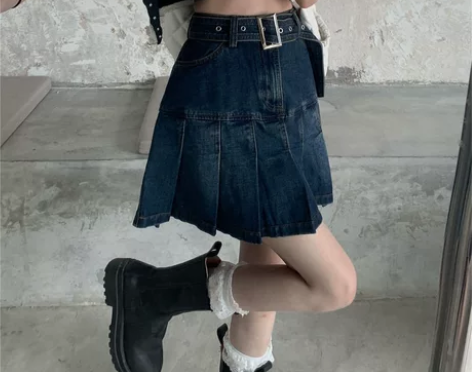 牛仔半身裙女秋夏季新款高腰甜辣妹A字百褶裙...