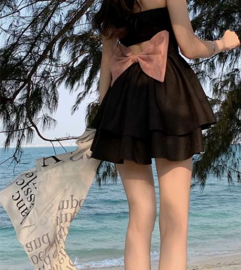 蝴蝶结挂脖抹胸连衣裙女黑色甜辣妹性感裙子夏...