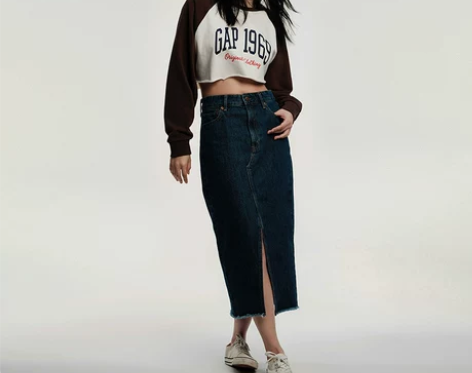 Gap女装春季款高腰纯棉毛边牛仔铅笔裙44...