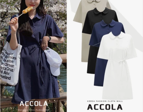 夏韩国chic学院风复古文艺系带收腰连衣裙...