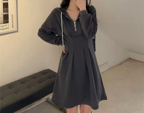 早春大码港风盐系少女灰色卫衣裙胖妹妹收腰显...