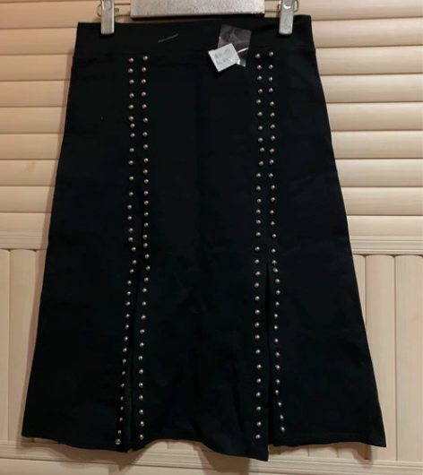 重工铆钉装饰开衩片片裙半身中裙A字裙摆针织...