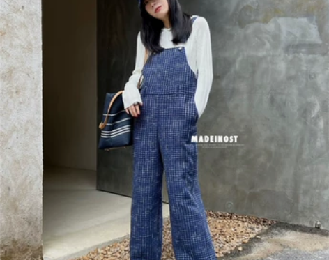 韩系重工小香风粗花呢背带裤女春秋新款设计感...