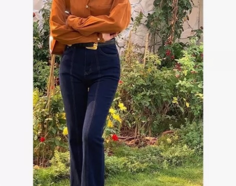 酒午复古港风牛仔裤 阔腿裤喇叭裤 深蓝色实...